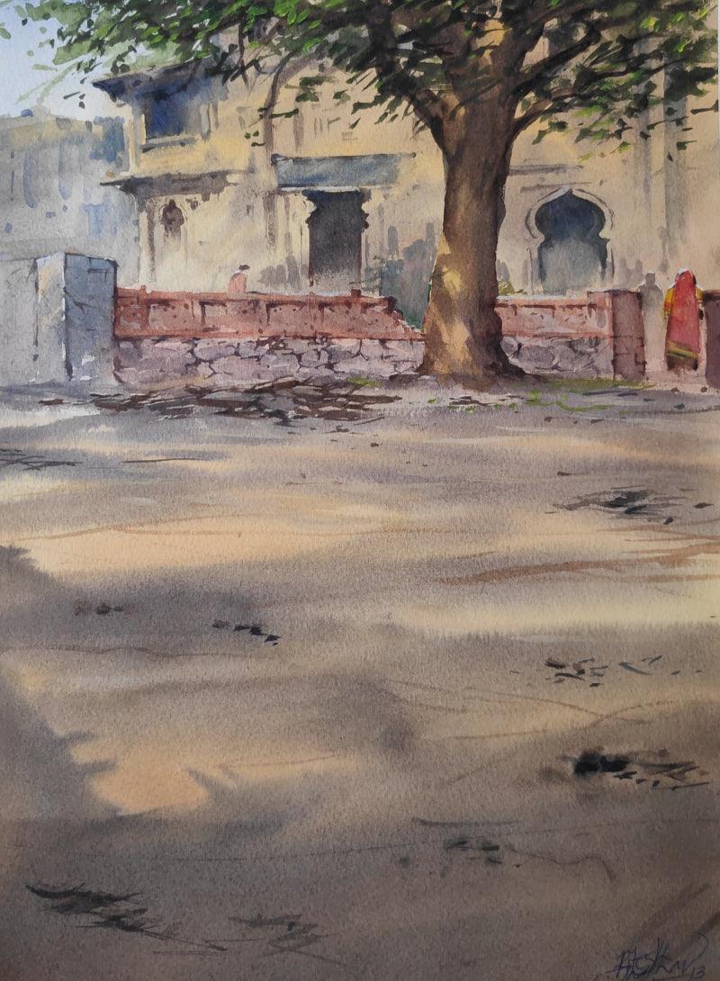 Cityscape watercolor painting titled 'Old Ajmer', 20x14 inches, by artist Ritesh Jadhav on Paper