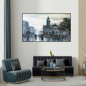 Ashif Hossain's 'Old Bombay (A Mumbai Street Scene)' painting visualized above a sofa in a contemporary room.
