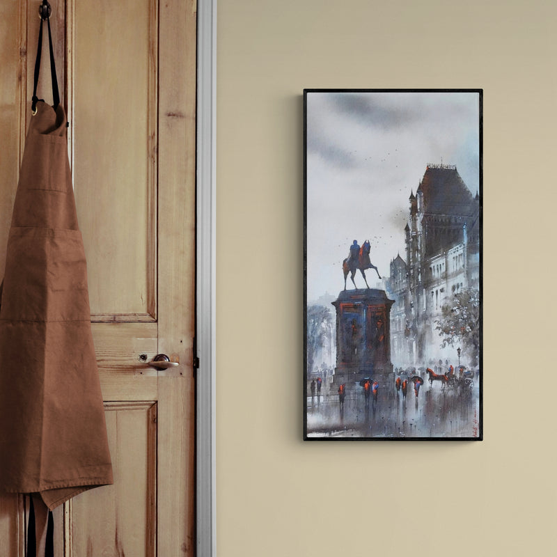 In-situ view of Ashif Hossain's 'Old Bombay Kalaghoda 2 (A Rainy Day in Mumbai)' painting in a room