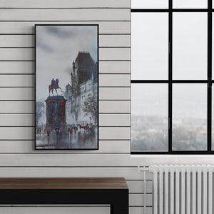 Preview of 'Old Bombay Kalaghoda 2 (A Rainy Day in Mumbai)' Painting by Ashif Hossain shown on a wall in a furnished room.