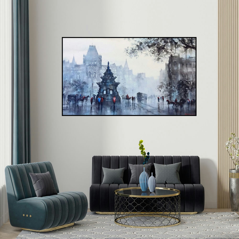 Ashif Hossain's 'Old Bombay Kalaghoda (Gateway to India in the Rain)' painting visualized above a sofa in a contemporary room.