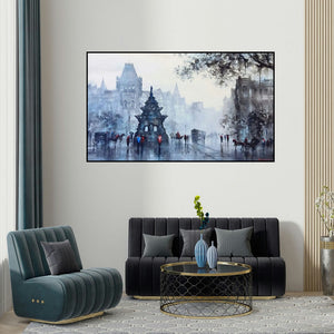 Ashif Hossain's 'Old Bombay Kalaghoda (Gateway to India in the Rain)' painting visualized above a sofa in a contemporary room.