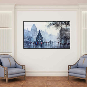 'Old Bombay Kalaghoda (Gateway to India in the Rain)' painting by Ashif Hossain shown on a wall in a furnished room.