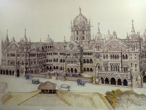 Old Bombay Vt From Capital Cinema Top (Victorian Splendor) by Aman A, Original Pen Ink Cityscape Painting on Canvas, Large Horizontal Wall Art