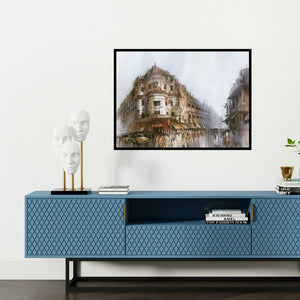 Preview of 'Old Calcutta (Untitled)' Painting by Bijay Biswaal shown on a wall in a furnished room.