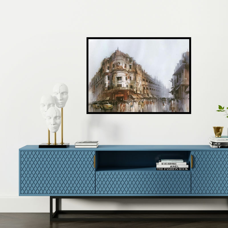 Preview of 'Old Calcutta (Untitled)' Painting by Bijay Biswaal shown on a wall in a furnished room.