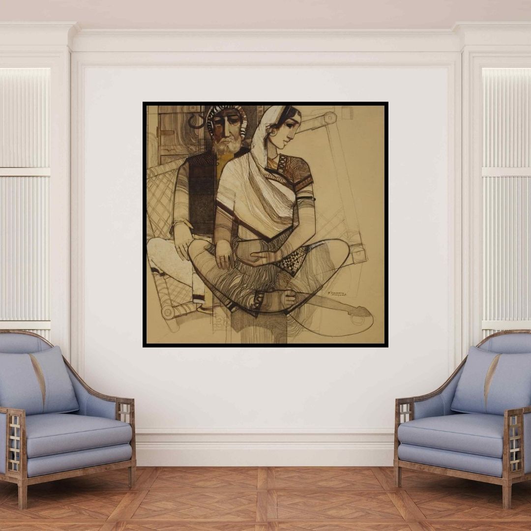 In-situ view of Siddharth Shingade's 'Old Couple' painting in a room