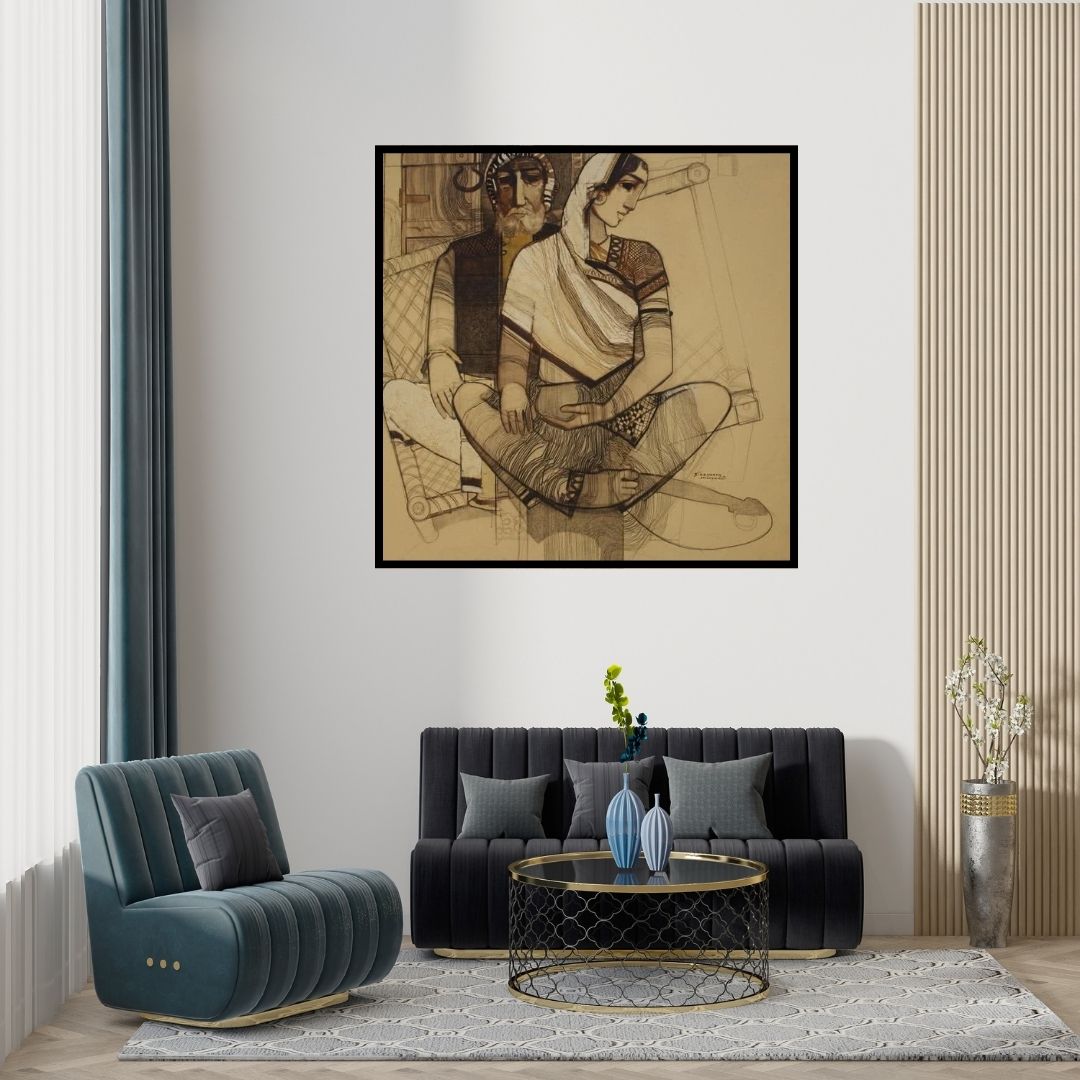 Preview of 'Old Couple' Painting by Siddharth Shingade shown on a wall in a furnished room.
