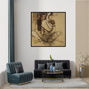 Preview of 'Old Couple' Painting by Siddharth Shingade shown on a wall in a furnished room.