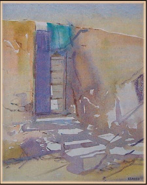 Old Door by Fareed Ahmed, Original Watercolor Cityscape Painting on Canvas Board, Small Vertical Wall Art