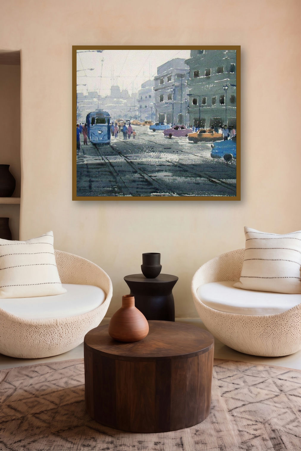 Old Kolkata (Calcutta Canvas) by artist Jiaur Rahman displayed in a Designer gallery