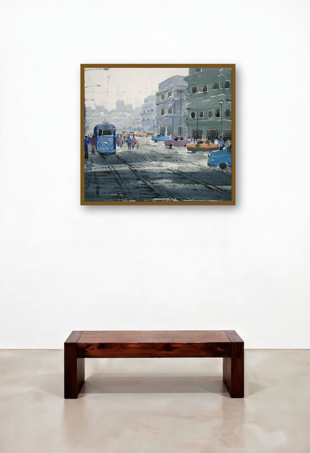 Old Kolkata (Calcutta Canvas) by artist Jiaur Rahman displayed in a Mid-Century Modern Hotel Suite