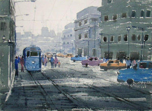 Old Kolkata (Calcutta Canvas) by Jiaur Rahman, Original Watercolor Cityscape Painting on Paper, Small Horizontal Wall Art