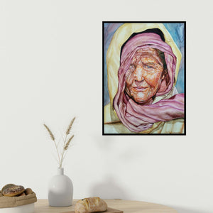 Rajnikanta Singh's 'An Old Lady' painting visualized above a sofa in a contemporary room.