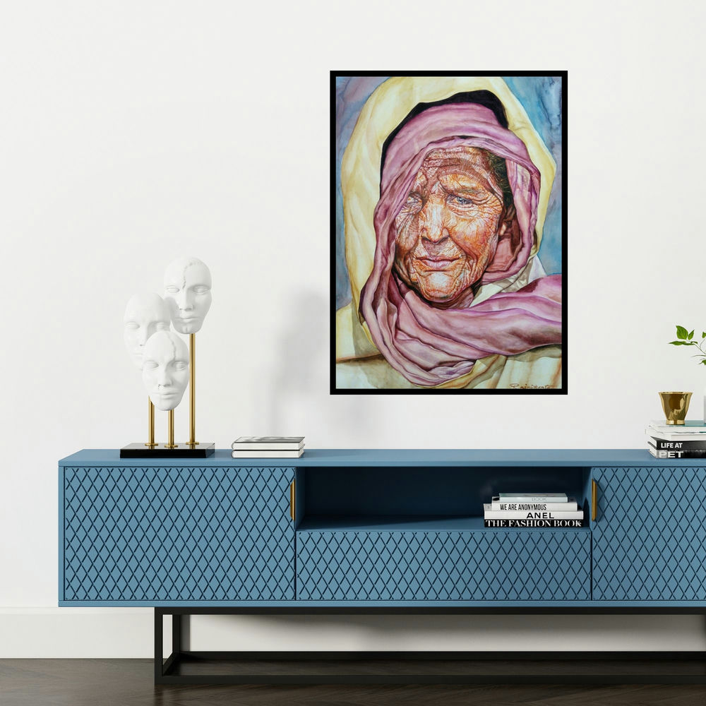 'An Old Lady' painting by Rajnikanta Singh shown on a wall in a furnished room.