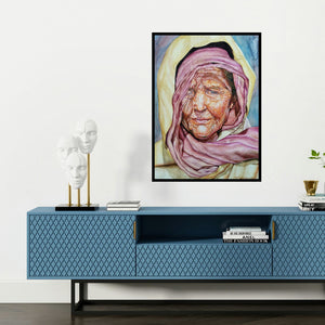 'An Old Lady' painting by Rajnikanta Singh shown on a wall in a furnished room.