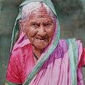 Portrait watercolor painting titled 'Old lady in pink sari', 22x15 inches, by artist Dr Uday Bhan on Paper