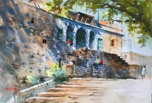 Old Mahal (Timeless Beauty) by Sanjay Dhawale, Original Watercolor Cityscape Painting on Handmade Paper, Small Horizontal Wall Art