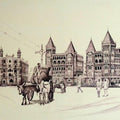 Cityscape ink drawing titled 'Old Majestice Mla Hostel Colaba', 24x36 inches, by artist Aman A on Canvas