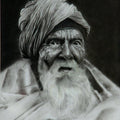 Portrait charcoal drawing titled 'Old Man 1', 30x22 inches, by artist Kulwinder Singh on Paper