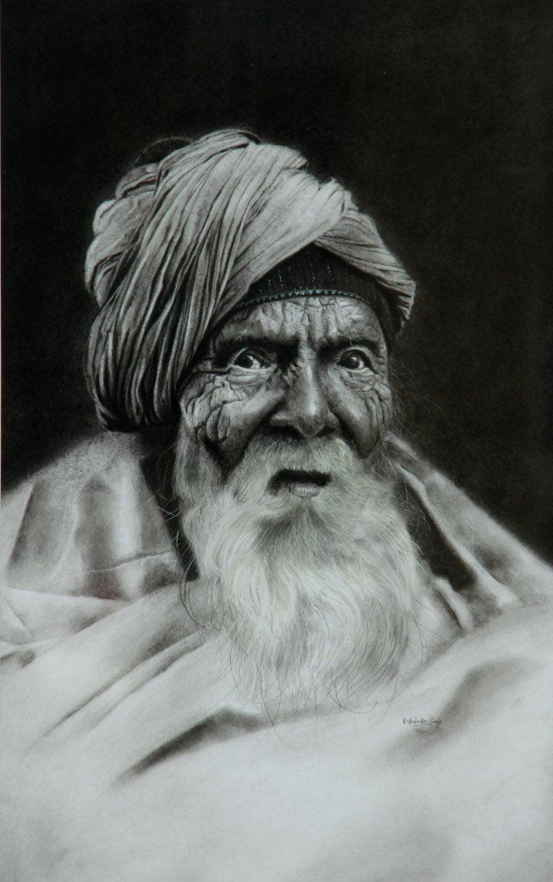 Portrait charcoal drawing titled 'Old Man 1', 30x22 inches, by artist Kulwinder Singh on Paper