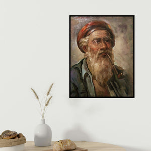 Sabir Hussain's 'Old Man' painting visualized above a sofa in a contemporary room.