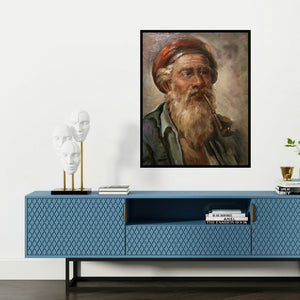 'Old Man' painting by Sabir Hussain shown on a wall in a furnished room.
