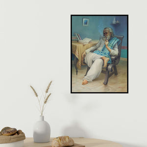 Rajib Gain's 'Old Man (The Pianist)' painting visualized above a sofa in a contemporary room.