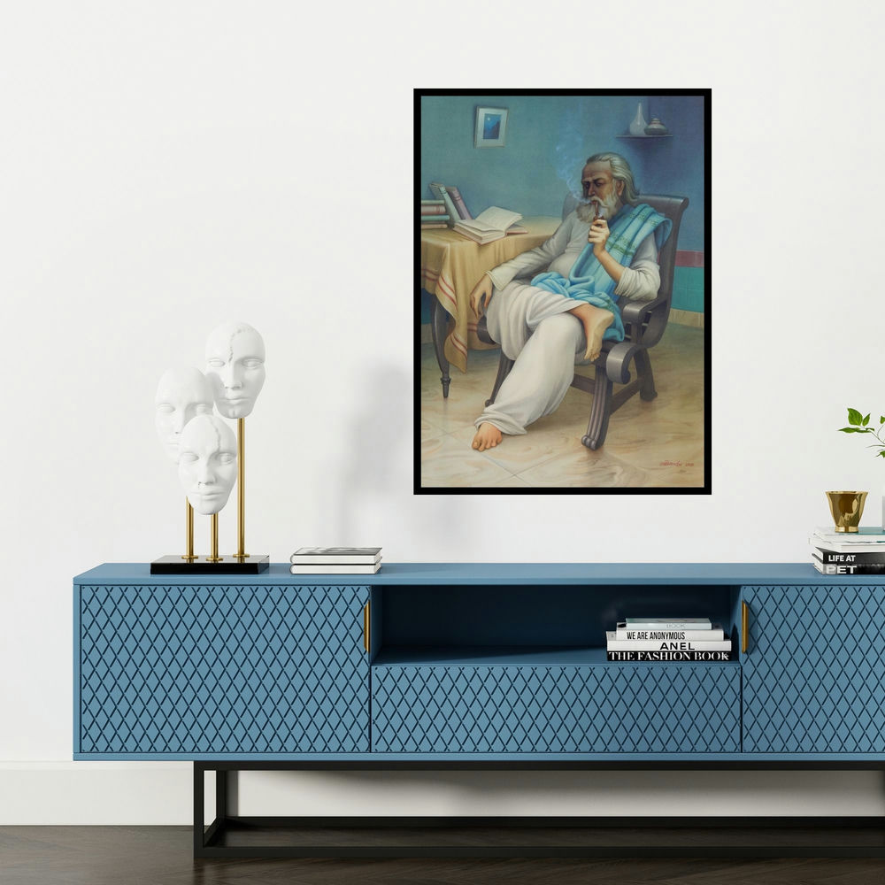 'Old Man (The Pianist)' painting by Rajib Gain shown on a wall in a furnished room.