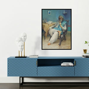 'Old Man (The Pianist)' painting by Rajib Gain shown on a wall in a furnished room.