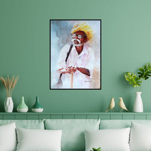 Preview of 'Old Man' Painting by Abdul Salim shown on a wall in a furnished room.