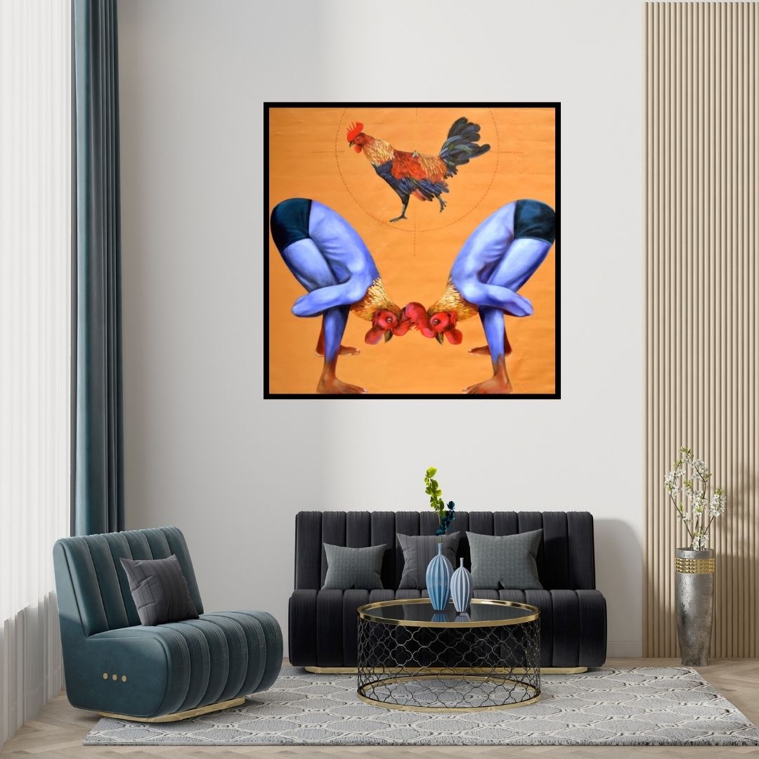 Preview of 'Old Memory (The Rooster Pose)' Painting by Swapnil Ramgade shown on a wall in a furnished room.