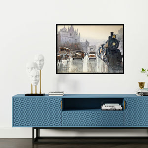 Preview of 'Old Mumbai' Painting by Bijay Biswaal shown on a wall in a furnished room.