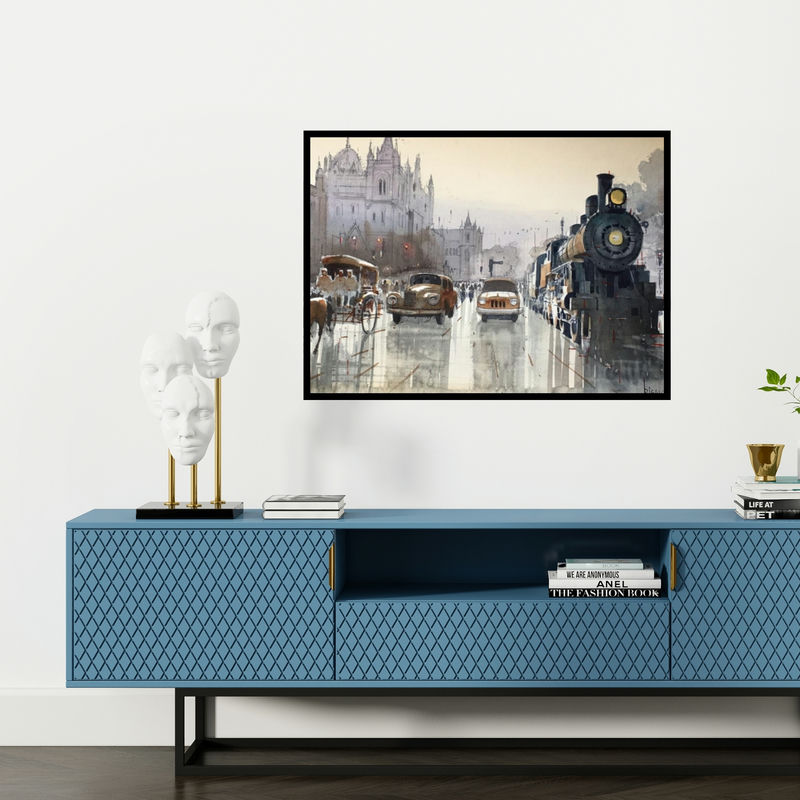 Preview of 'Old Mumbai' Painting by Bijay Biswaal shown on a wall in a furnished room.