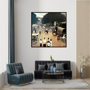 Preview of 'Old Mumbai' Painting by Thambi Sankaran shown on a wall in a furnished room.