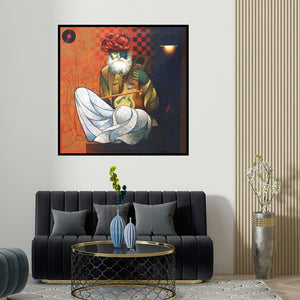 Ram Onkar's 'Old Musician (Echoes of Melancholy)' painting visualized above a sofa in a contemporary room.