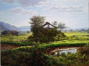 Old Shade (Rustic Harmony) by Sanjay Sarfare, Original Oil Landscape Painting on Canvas, Small Horizontal Wall Art