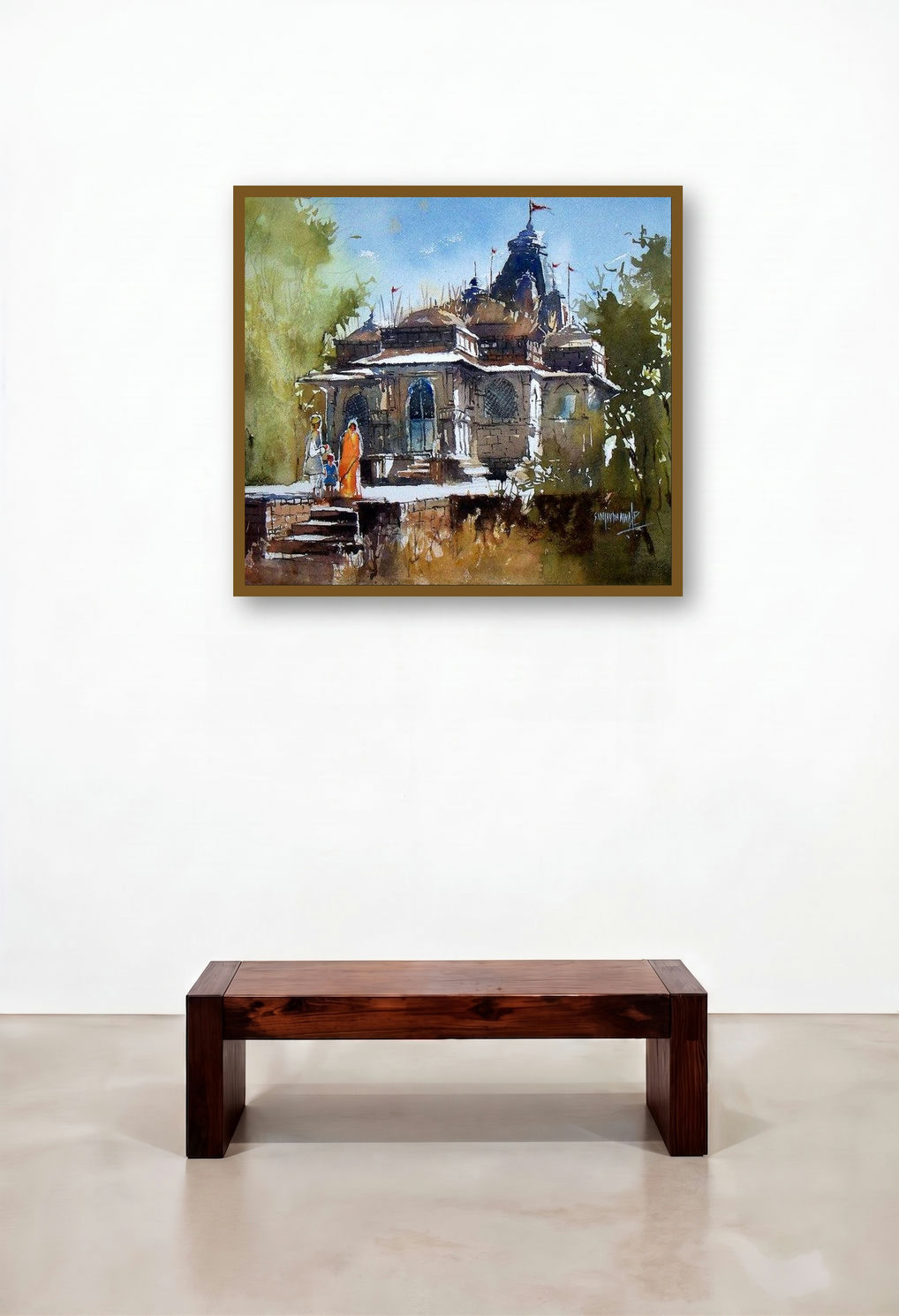 Old Temple (Sacred Vista: A Village Temple) by artist Sanjay Dhawale displayed in a Rustic Executive Office