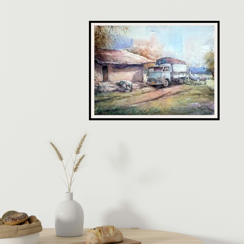 Amit Kapoor's 'Old Van' painting visualized above a sofa in a contemporary room.