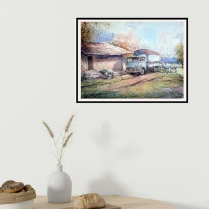 Amit Kapoor's 'Old Van' painting visualized above a sofa in a contemporary room.