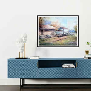 'Old Van' painting by Amit Kapoor shown on a wall in a furnished room.
