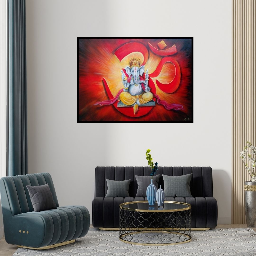 Preview of 'Om Ganesha (Ganesha with Om)' Painting by Arjun Das shown on a wall in a furnished room.
