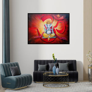 Preview of 'Om Ganesha (Ganesha with Om)' Painting by Arjun Das shown on a wall in a furnished room.