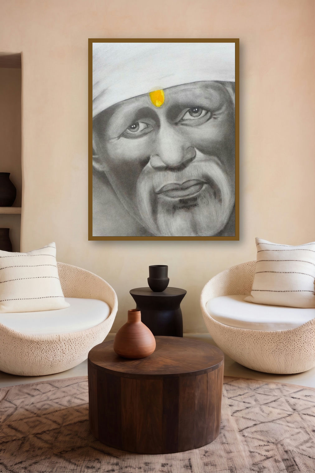 Om Sai (Sai Baba of Shirdi) by artist Swati Sharma displayed in a Contemporary gallery
