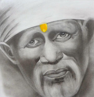 Om Sai (Sai Baba of Shirdi) by Swati Sharma, Original Mixed Media Religious Painting on Paper, Small Square Wall Art