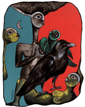 Ominous 1 (The Crow's Gaze) by Arvind Sharma, Original Acrylic Ink Figurative Painting on Paper, Small Vertical Wall Art