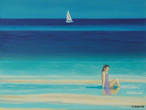 On The Beach (Seaside Escape) by SIMON MASON, Print Oil Seascape Painting on Canvas, X-Small Horizontal Wall Art