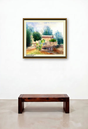 One A Wood Bridge Very Ricsy (Rustic Crossing: A Rural Retreat) by artist Biki Das displayed in a Industrial Reception Area