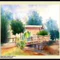 Landscape watercolor painting titled 'One a wood bridge very ricsy', 30x22 inches, by artist Biki Das on Handmade Paper