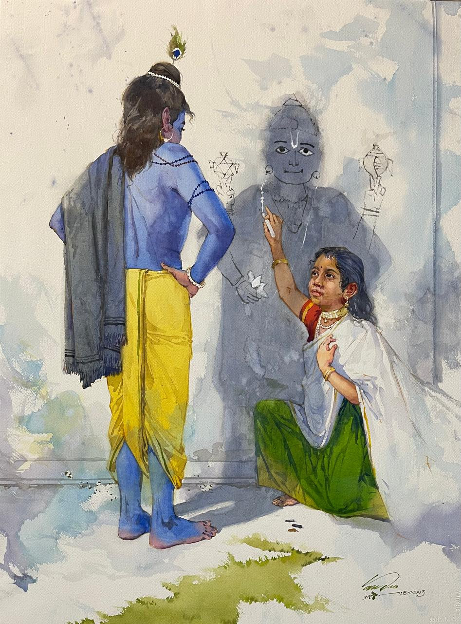 'The One And Only' religious watercolor painting by artist Vasudeo Kamath, 28x21 inch, on paper